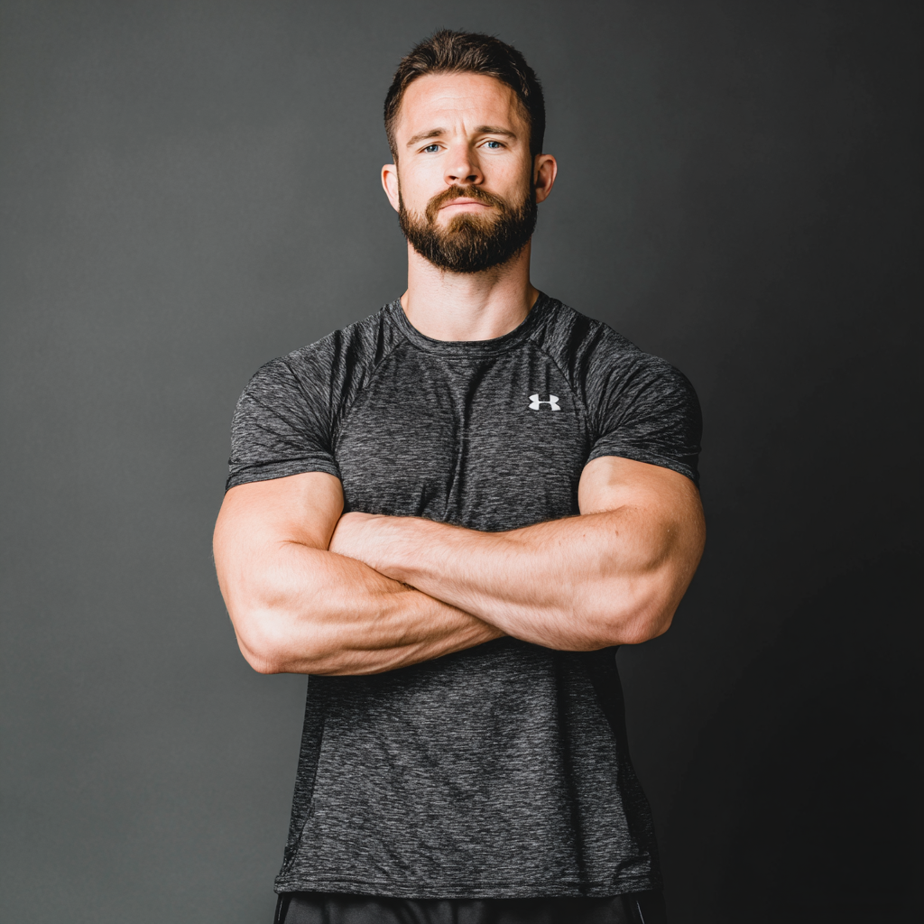 Confident man in athletic wear standing with crossed arms, displaying strength and determination