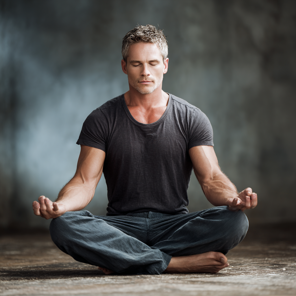 Focused man in meditation pose, demonstrating mental strength and inner calm